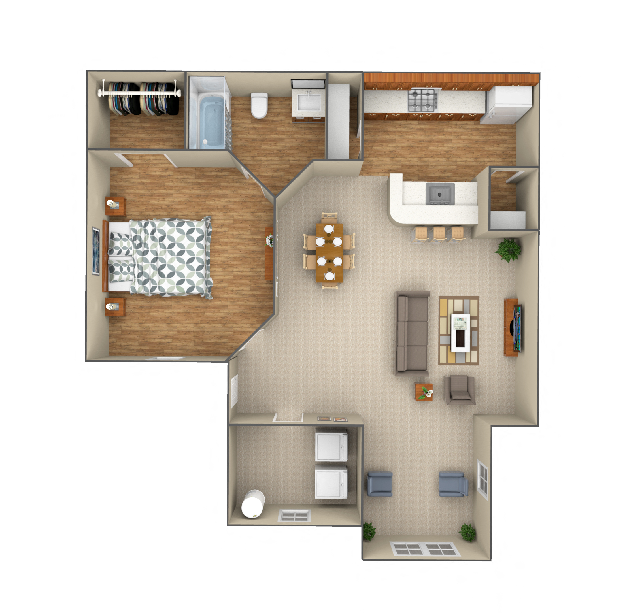 Floor plan for 1 bed, 1 bath, 700 sqft